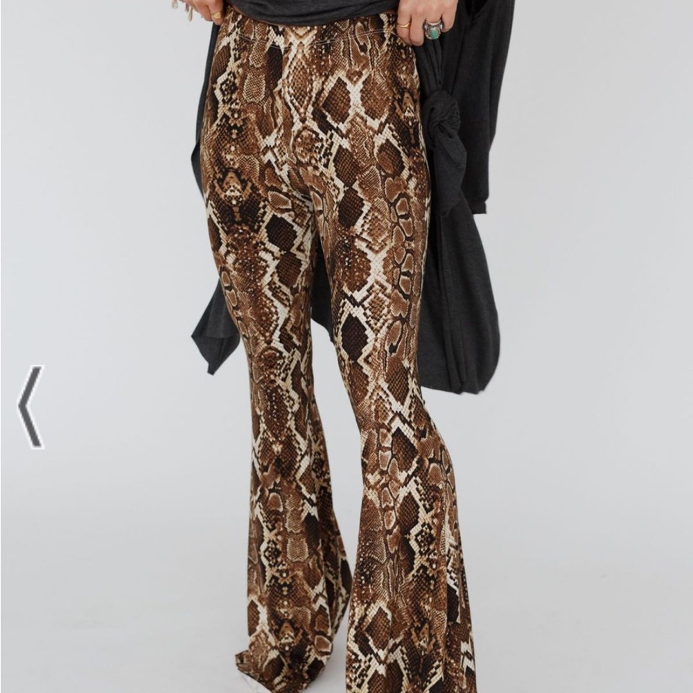 Brown Snake Print Flared Pants